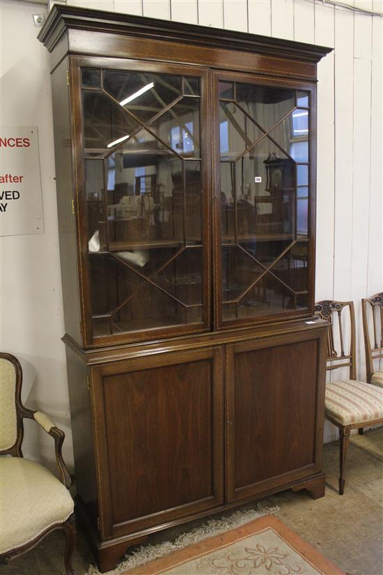 George III style inlaid mahogany glazed  bookcase cupboard